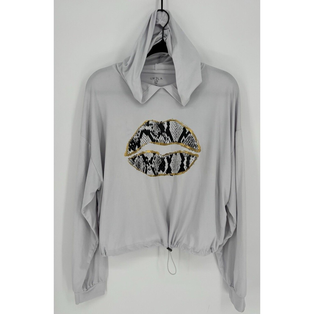 UK2LA Women’s White Cropped Hoodie Lips Snake Print Gold Trim Size L
